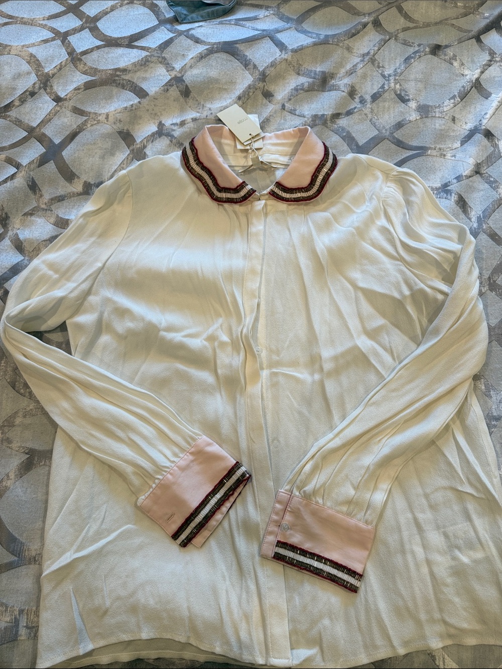 Maje Cream Button-Down Blouse with Pink embellished arms and removable collar.